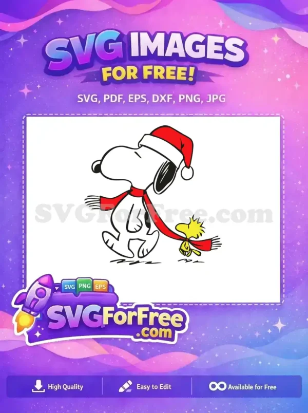 A charming illustration of Snoopy wearing a Santa hat and scarf, with Woodstock in tow, perfect for Christmas.