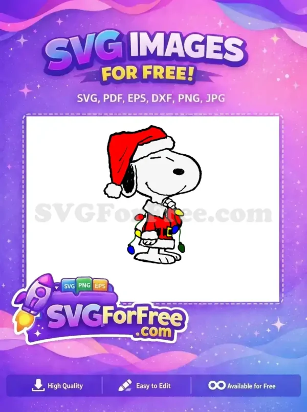 Free SVG of Snoopy in a Santa outfit with colorful lights, smiling in a joyful holiday pose.