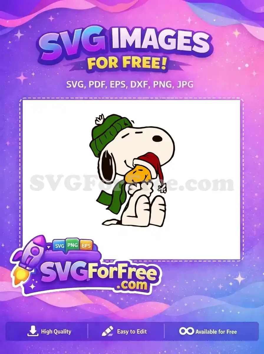 A joyful and heartwarming free SVG design featuring Snoopy with a green hat and Woodstock with a red Christmas hat.