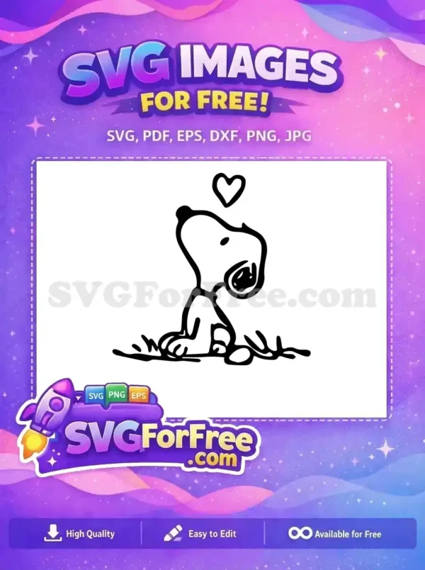 A delightful free SVG of Snoopy sitting on grass with a heart floating above, perfect for Peanuts and Christmas themes.