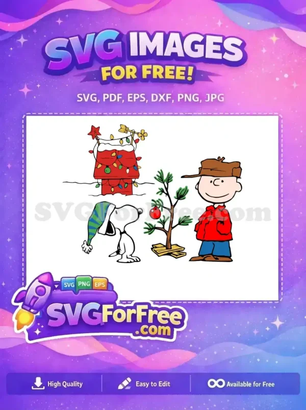 A Peanuts-inspired, free design showing Charlie Brown, Snoopy with an elf hat, and a small Christmas tree.