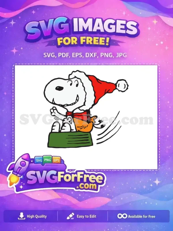 Free Snoopy character in a Santa hat and scarf sledding with joy, perfect for Christmas-themed projects.