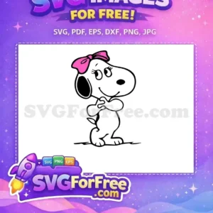 Charming free design of a cute dog with a pink bow, ideal for happy Christmas and Peanuts-inspired SVG crafts.