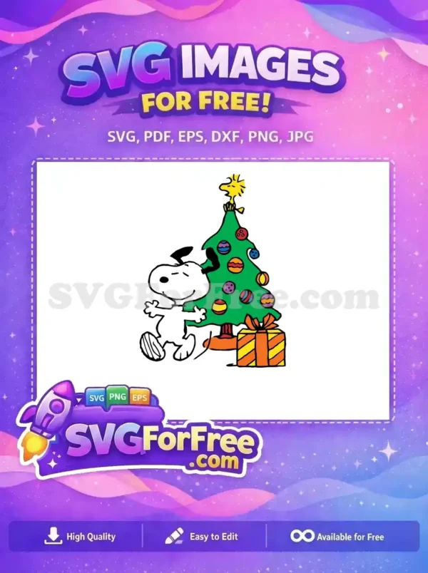 A joyful Snoopy beside a Christmas tree decorated with colorful ornaments and a gift, with Woodstock at the top.