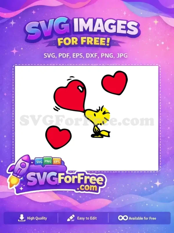 Free Peanuts Woodstock with Heart Balloons SVG Design A free SVG of Woodstock from Peanuts holding a red heart-shaped balloon, surrounded by more hearts.
