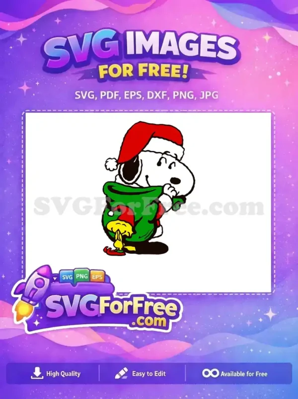 Free Snoopy Santa Hat and Woodstock Christmas Stocking SVG A free design featuring Snoopy wearing a Santa hat with Woodstock beside a green Christmas stocking.