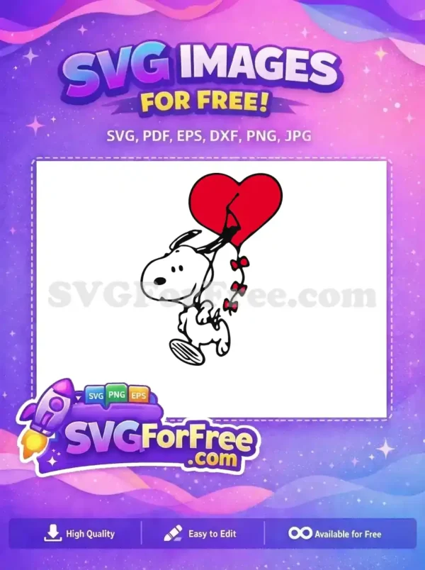 A free SVG of Snoopy walking happily while holding a red heart-shaped balloon with red bows.
