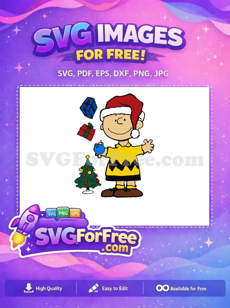 A festive Charlie Brown in a Santa hat holding a Christmas ornament, with gifts and a tree, available as free SVG.