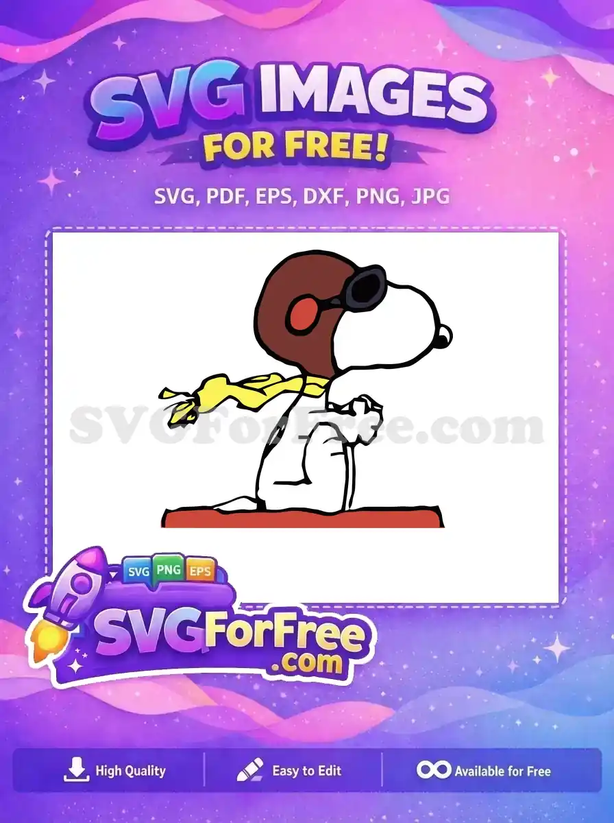 Free SVG design of Snoopy as an aviator wearing a helmet, goggles, and a scarf, celebrating the Peanuts theme.