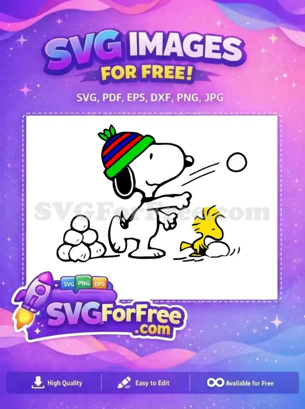 Free Snoopy in a colorful hat playing with snowballs and Woodstock, perfect for Christmas projects.