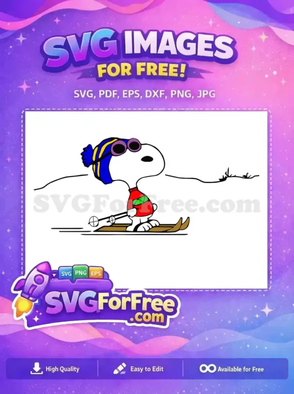 Free Snoopy Skiing in a Red Sweater – Fun Winter Holiday SVG Design Free Snoopy skiing with a red sweater and accessories, an adorable winter design perfect for Christmas.