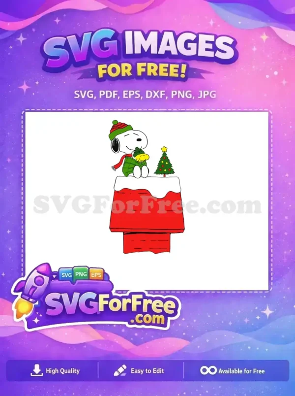A free, festive SVG design featuring Snoopy wearing a red hat and scarf, with Woodstock and a Christmas tree.