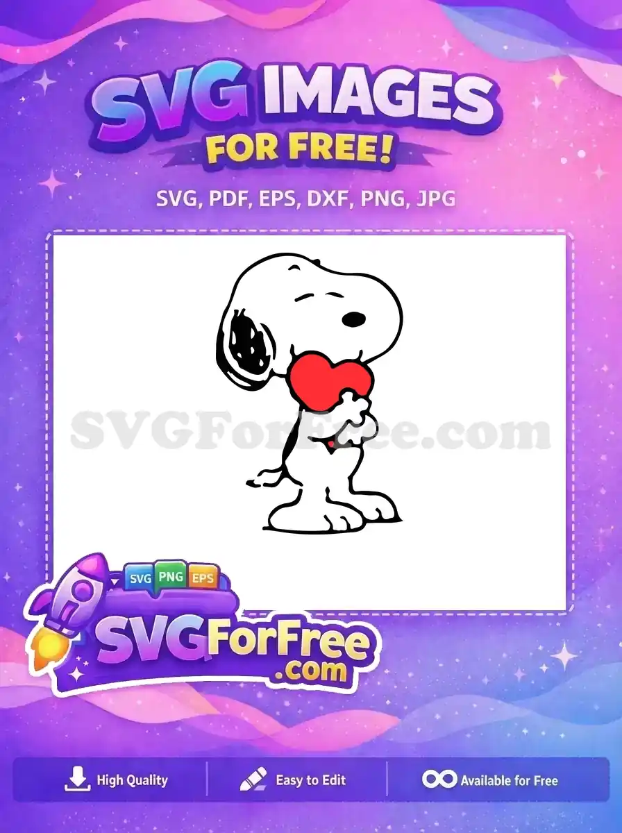 Snoopy holding a red heart in a loving pose, with a joyful expression, ideal for Valentine's and holiday designs.