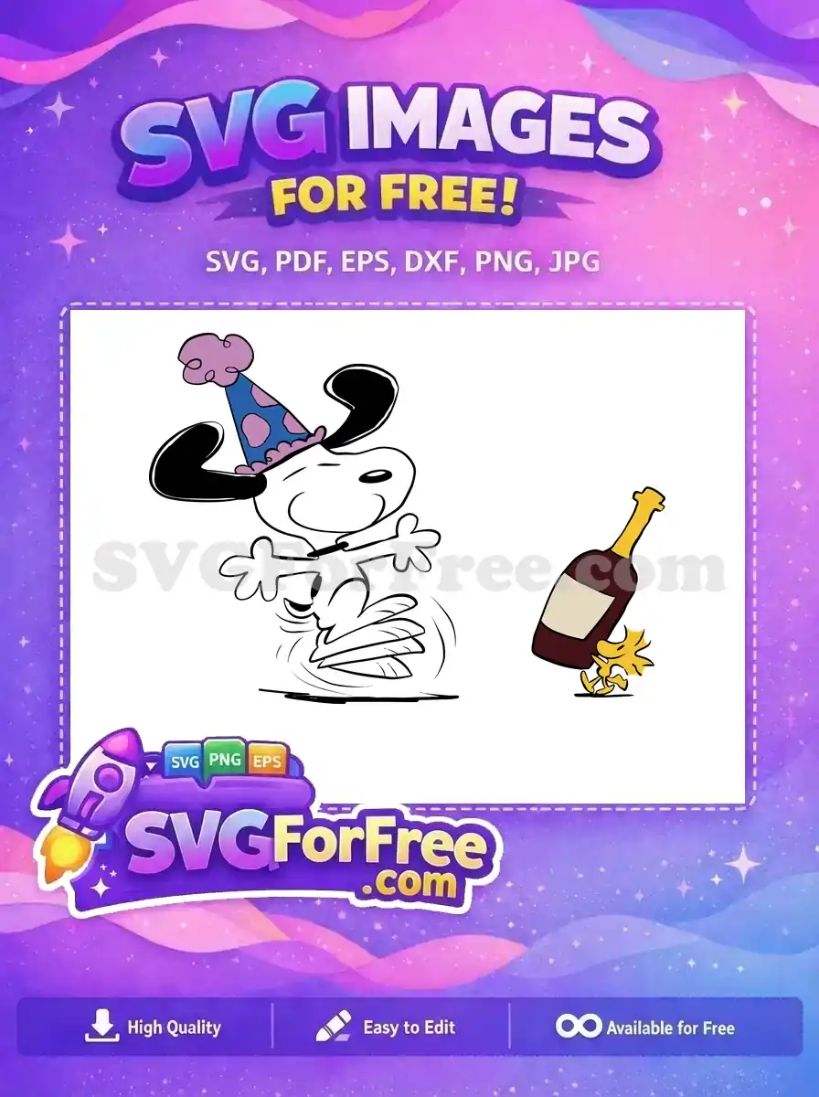 A joyful Snoopy in a party hat with Woodstock beside a bottle, a fun and free design for festive events.