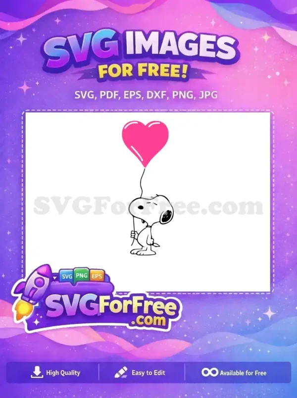 Snoopy with a pink heart balloon in this free design, ideal for Valentine's Day or Peanuts fans.