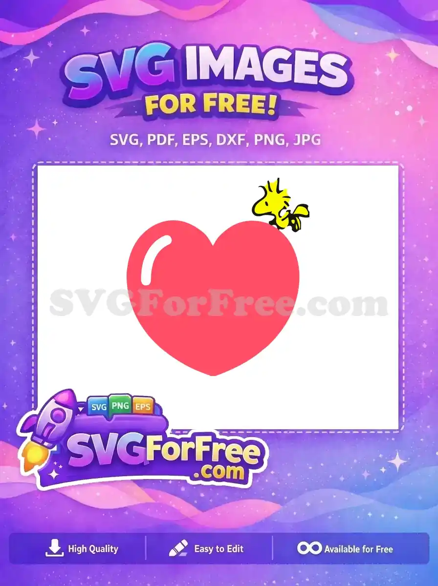 A cute free Woodstock perched on a red heart design, perfect for Valentine's Day or Christmas themes.