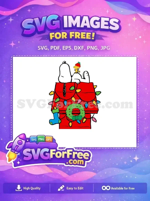 A cute, free Christmas design featuring Snoopy and Woodstock on a red doghouse with lights, a wreath, and a stocking.