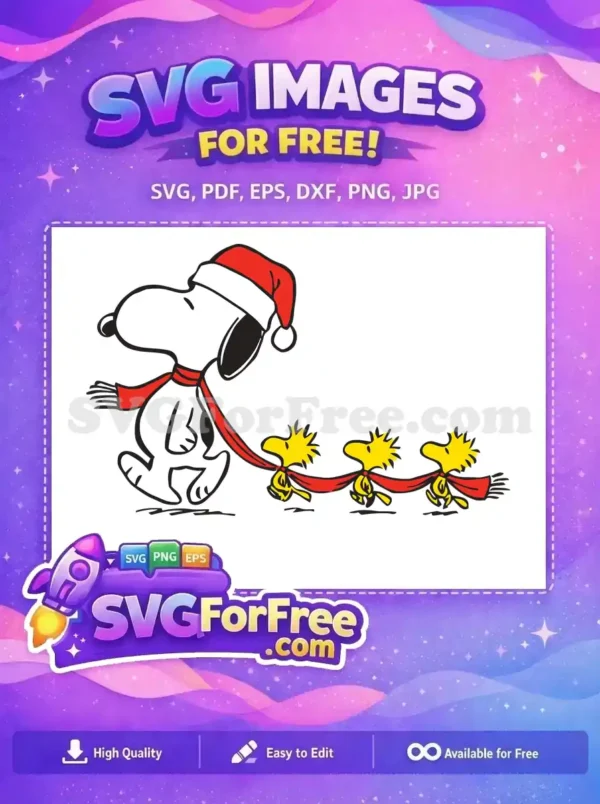 Free Snoopy and Woodstock Christmas Design with Santa Hat and Red Scarves A free Christmas-themed design with Snoopy wearing a Santa hat and red scarf, leading Woodstock in scarves, ideal for holiday decor.