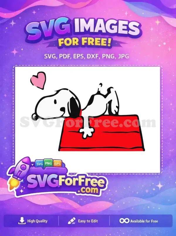 A cute illustration of Snoopy on his red doghouse with a pink heart above him, great for Peanuts-themed designs.