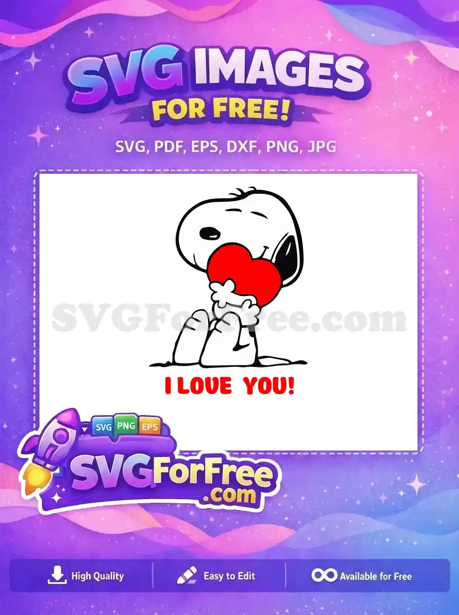 A cute and cheerful Snoopy holding a red heart with the message 'I Love You!' in a free, colorful SVG design.