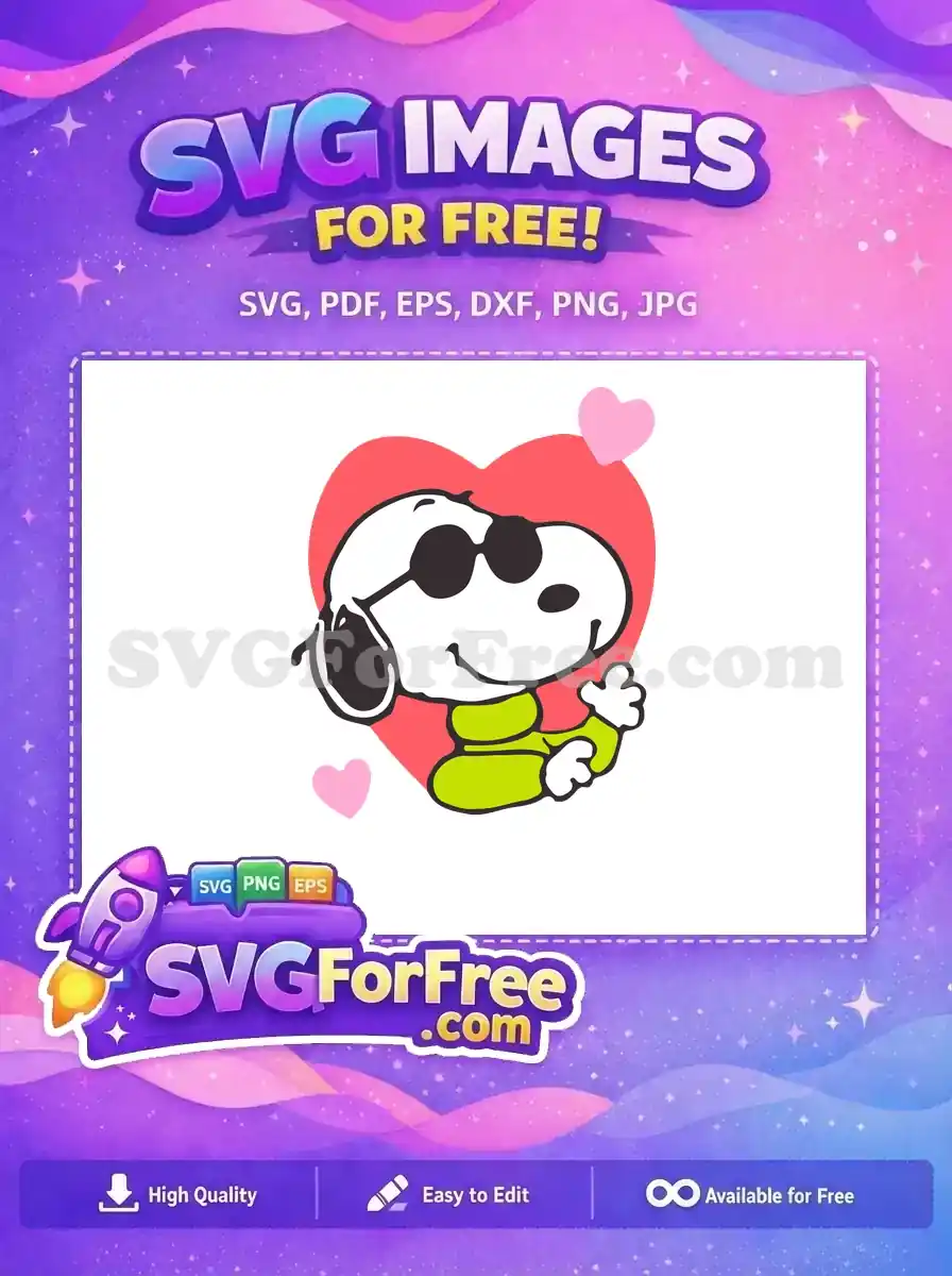 A playful and cool design of Snoopy wearing sunglasses, surrounded by hearts in a free vector style.