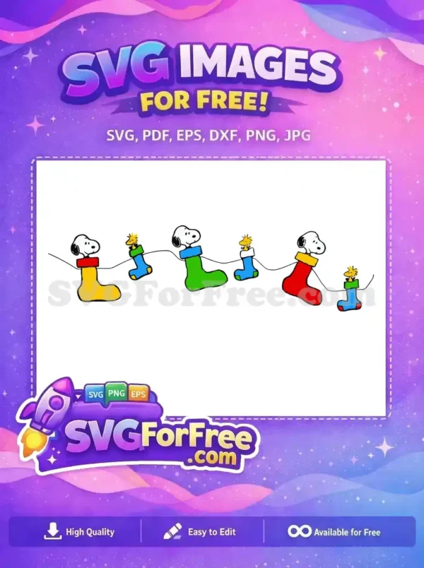 Free Vibrant Christmas Stockings with Snoopy and Woodstock A vibrant free SVG featuring Snoopy and Woodstock in colorful Christmas stockings, perfect for holiday use.