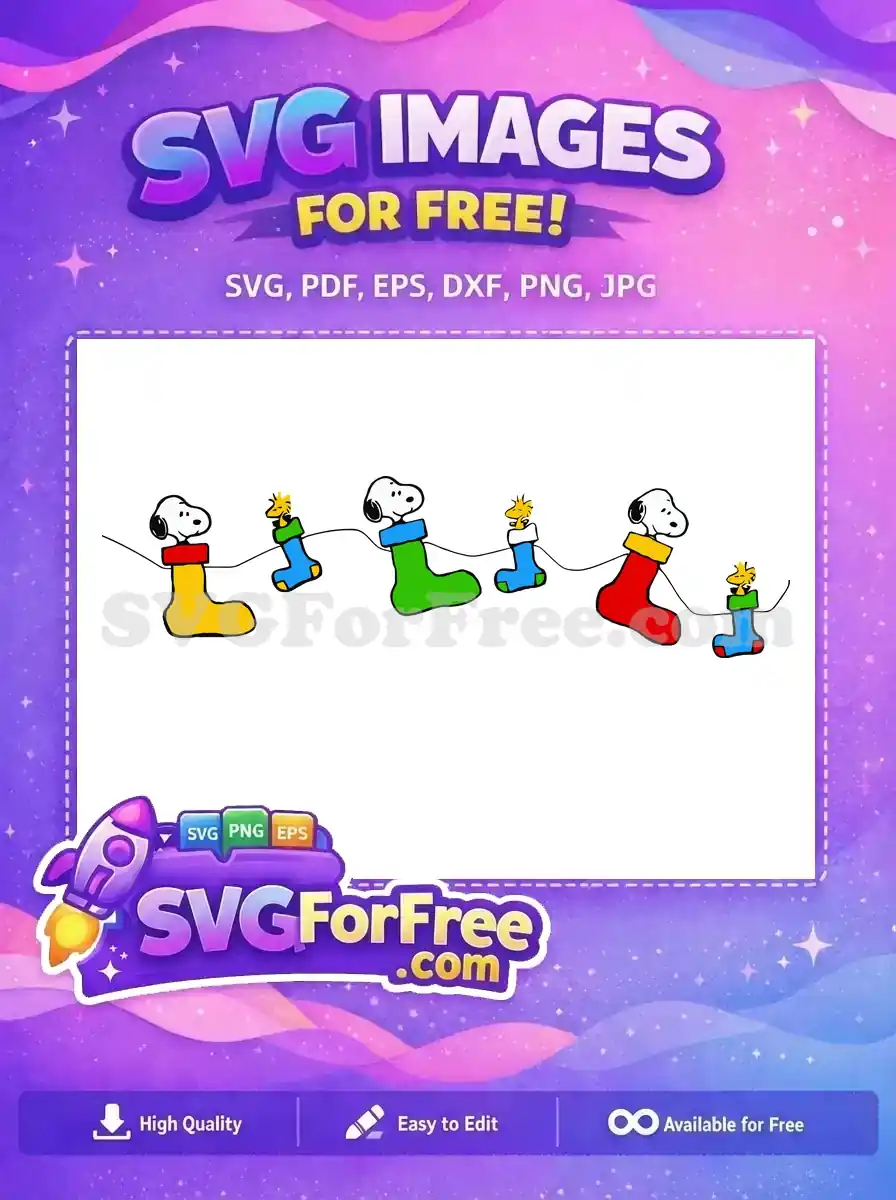 A vibrant free SVG featuring Snoopy and Woodstock in colorful Christmas stockings, perfect for holiday use.