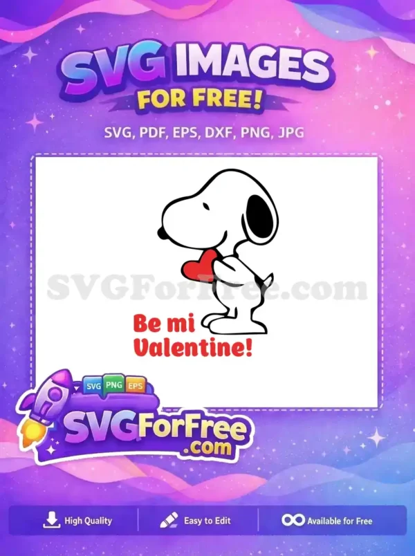 Free Snoopy design with a red heart, asking 'Be mi Valentine' in a charming Peanuts style for Valentine's Day.