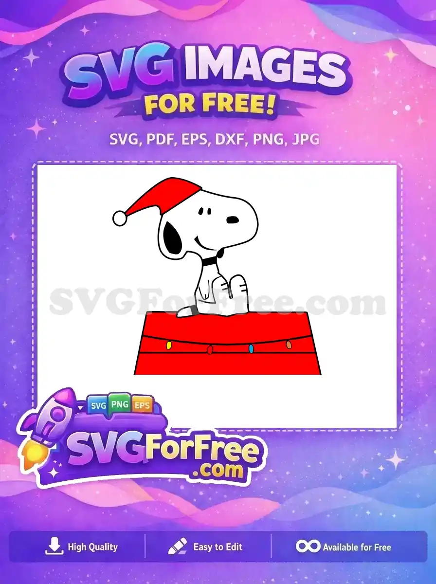 A joyful Snoopy wearing a Santa hat, sitting next to colorful Christmas lights, perfect for free Christmas designs.