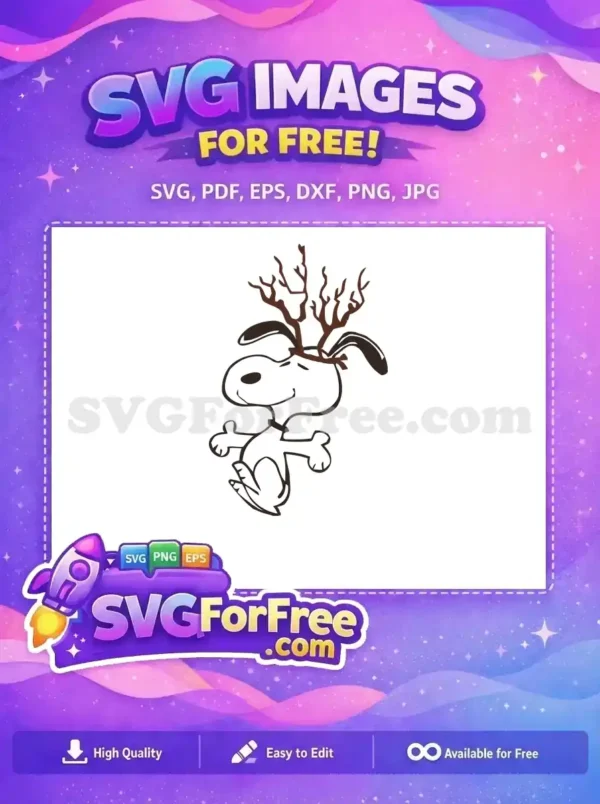 A free design of Snoopy wearing antlers with a festive and smiling expression, perfect for holiday designs.