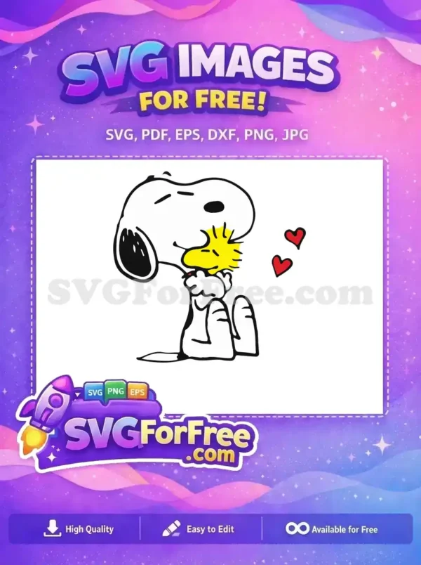 Snoopy kissing Woodstock with red hearts in a joyful and heartwarming free design for Christmas.