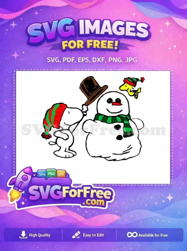 A fun free design of Snoopy, a snowman with a scarf, and Woodstock in a festive hat, all set for Christmas.