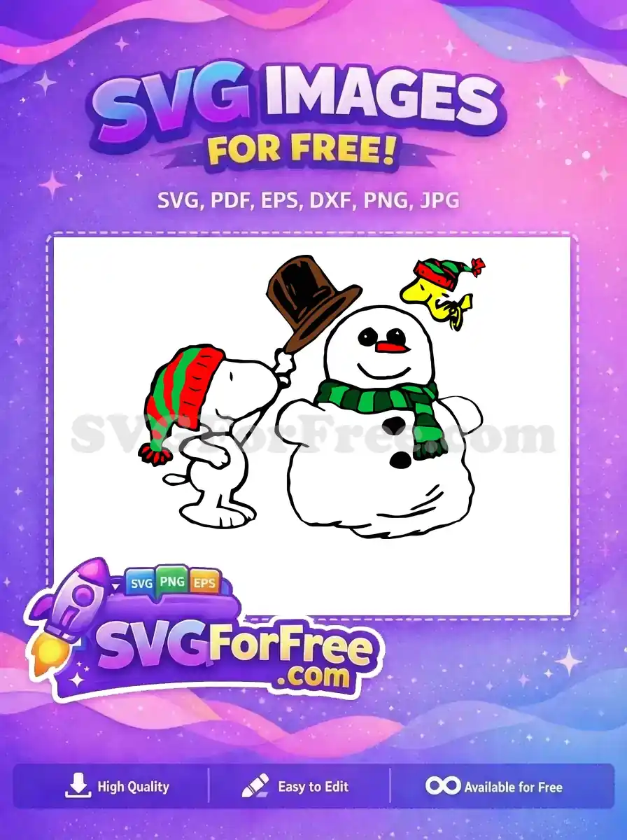 A fun free design of Snoopy, a snowman with a scarf, and Woodstock in a festive hat, all set for Christmas.