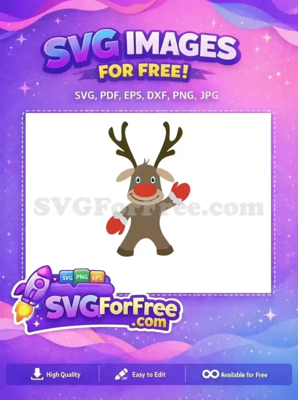 Free Cute Smiling Reindeer with Red Nose and Mittens SVG A cute smiling reindeer with red nose and mittens, perfect for festive holiday designs.
