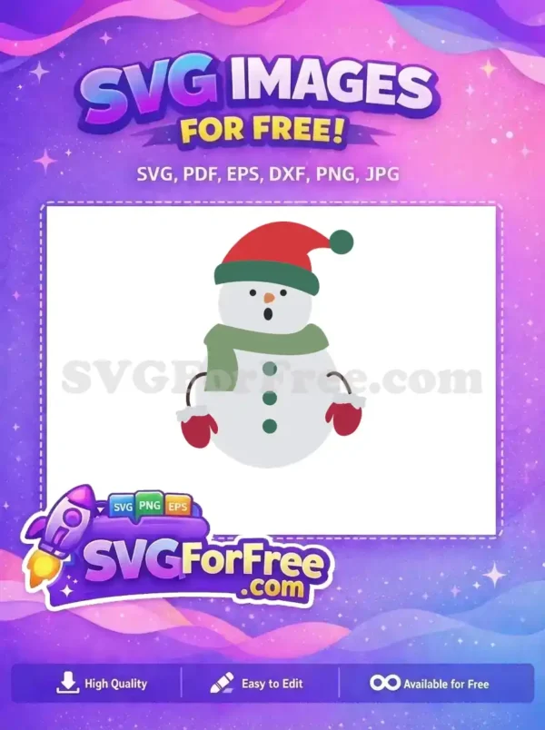Free Surprised Snowman with Red Hat and Green Scarf SVG A surprised snowman wearing a red hat, green scarf, and mittens with a joyful expression, free design.