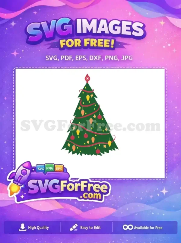 Free Green Christmas Tree with Bright Ornaments and Red Ribbon A vibrant green Christmas tree adorned with red ribbons and colorful ornaments, all in a free SVG design.
