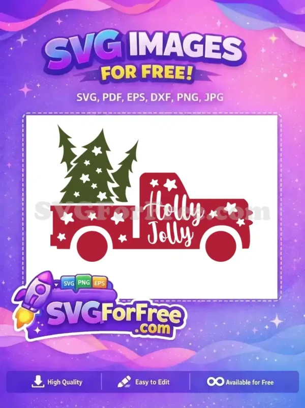A festive red truck carrying Christmas trees with a 'Holly Jolly' message, featuring stars and holiday vibes.
