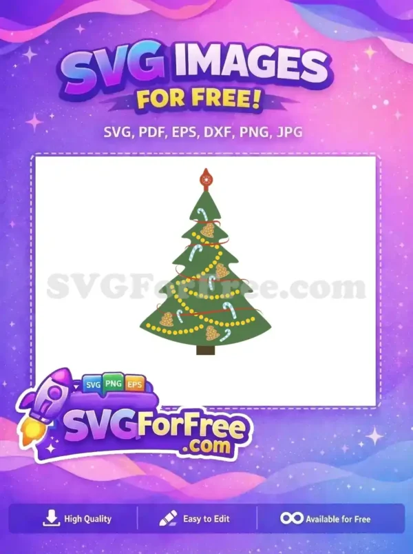 Free Green Christmas Tree with Gingerbread and Candy Canes Design A festive free design of a green Christmas tree with a red star, gingerbread, and candy canes, perfect for the holidays.