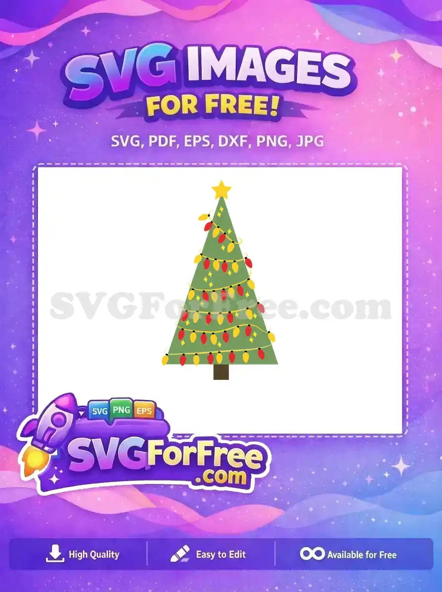 A festive, free SVG design of a green Christmas tree with red and yellow lights and a yellow star.