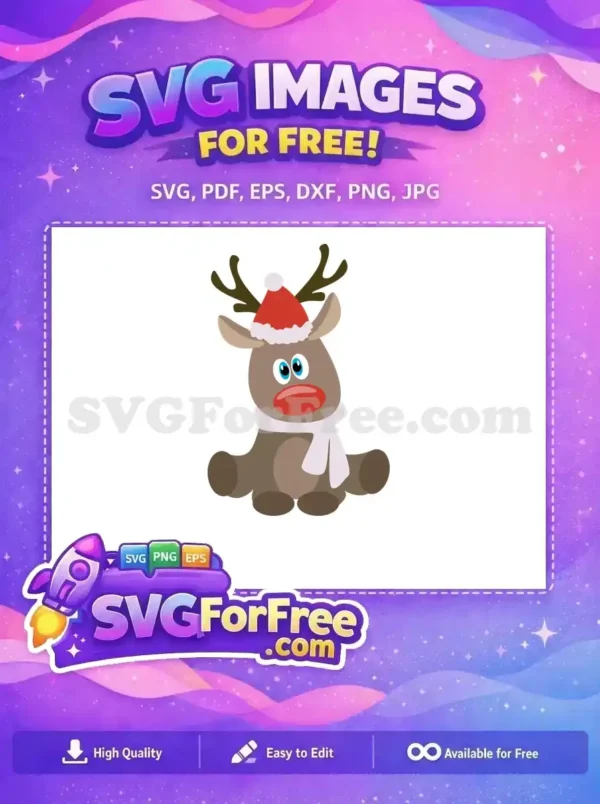 Free Cute Reindeer with Santa Hat and Red Nose SVG A cute reindeer with a Santa hat, scarf, and a red nose, ideal for Christmas-themed projects and designs.