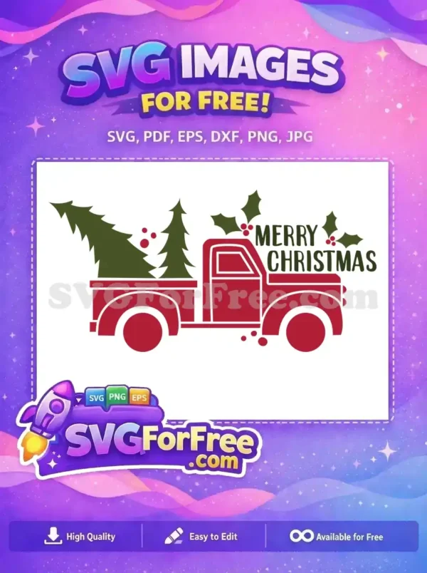 A red truck carrying Christmas trees with holly and a 'Merry Christmas' text, available as a free SVG design.