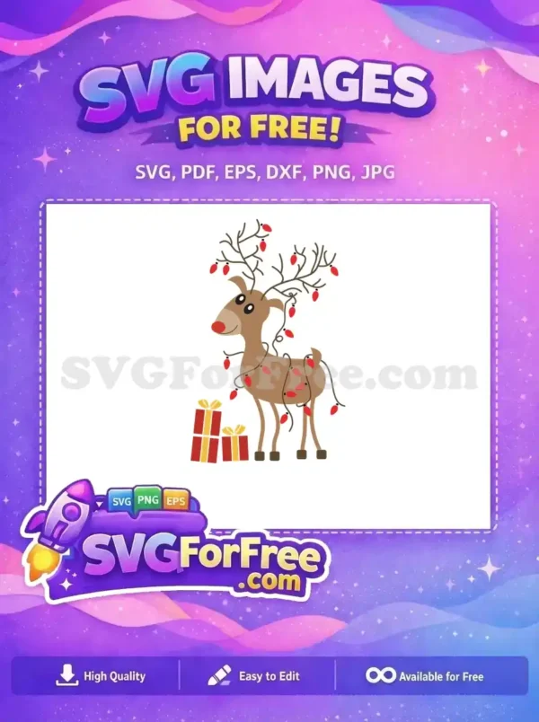 A festive reindeer with Christmas lights tangled in its antlers, standing near colorful gift boxes.