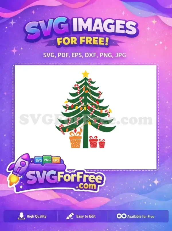 A free Christmas tree decorated with candy canes, lights, and presents, ready for holiday projects.