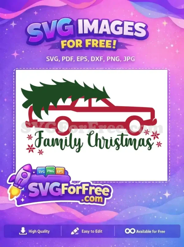 A red car with a Christmas tree on top, and the text 'Family Christmas' in a festive design, with poinsettias.