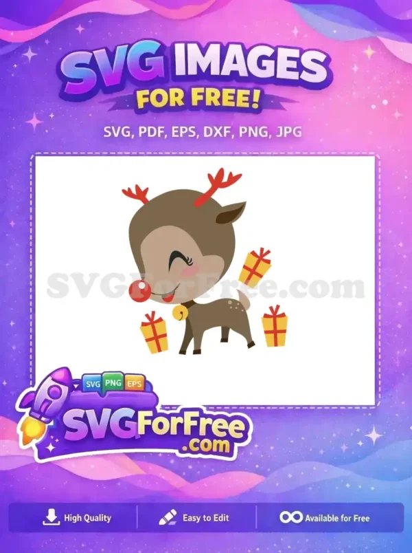 Free Winking Red Nose Reindeer with Christmas Gifts SVG A playful and festive free design of a winking red-nosed reindeer carrying gifts, ready for the holiday season.