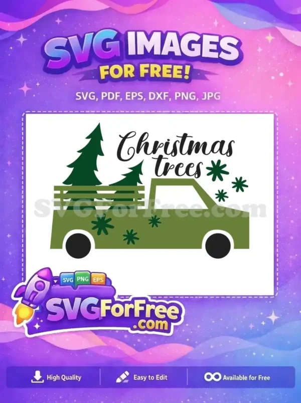 Free SVG design of a green pickup truck carrying Christmas trees, ideal for holiday projects.