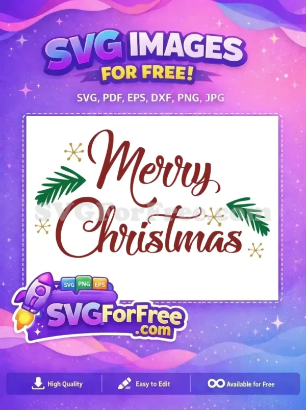 Free Merry Christmas Red Script with Pine and Stars Design Free SVG featuring 'Merry Christmas' in red script with pine branches and golden stars for a festive design.
