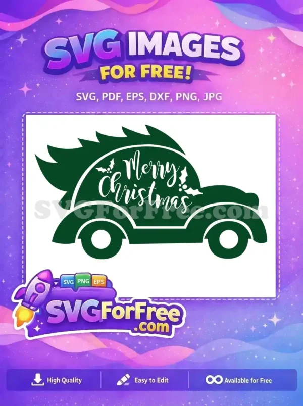 A green car with a spiky Christmas tree design and the text 'Merry Christmas', a perfect free SVG for the holidays.