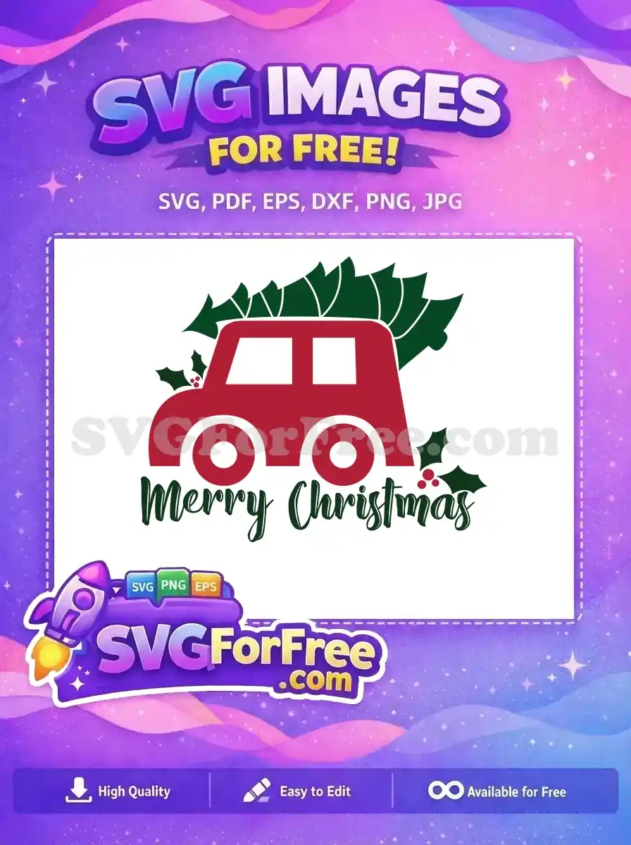 A free red car carrying a Christmas tree with holly berries, perfect for holiday designs.