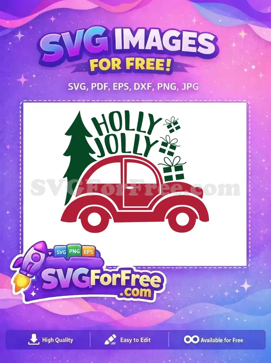 A joyful and free Christmas design featuring a red car, a Christmas tree, and gifts in an SVG format.